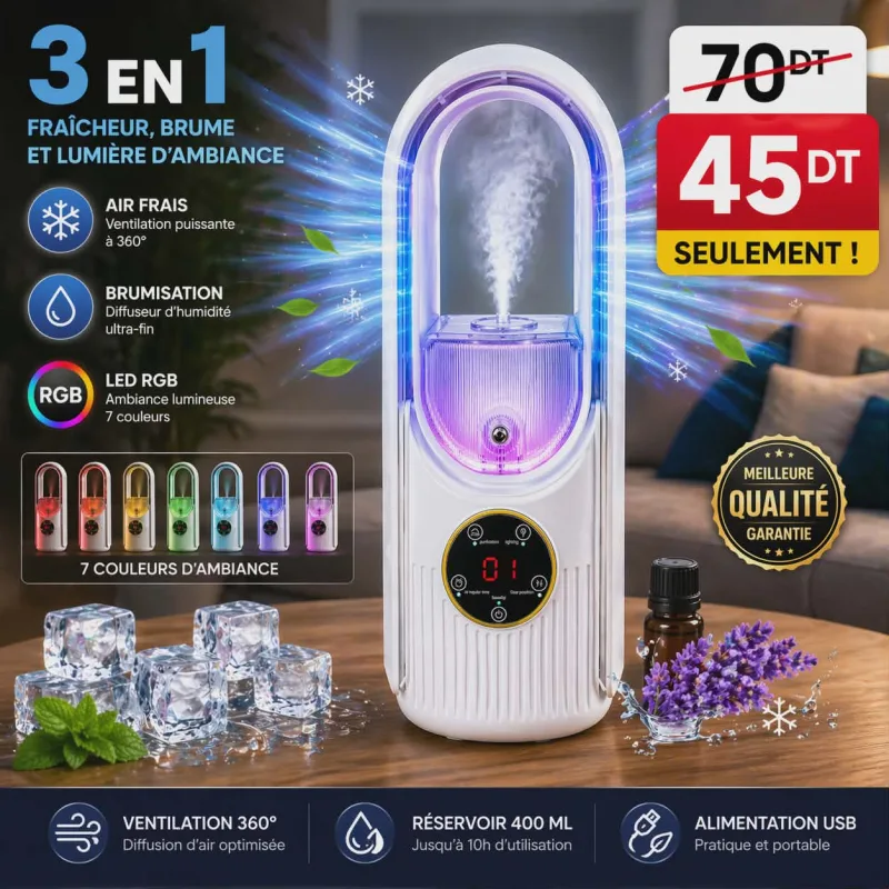 Ventilateur Portable 3 en 1 avec Brumisateur & LED RGB – Ventilation 360° USB | Top Déco Tunisie