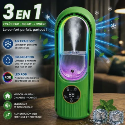 Ventilateur Portable vert  3 en 1 avec Brumisateur & LED  – Ventilation 360° USB | Top Déco Tunisie