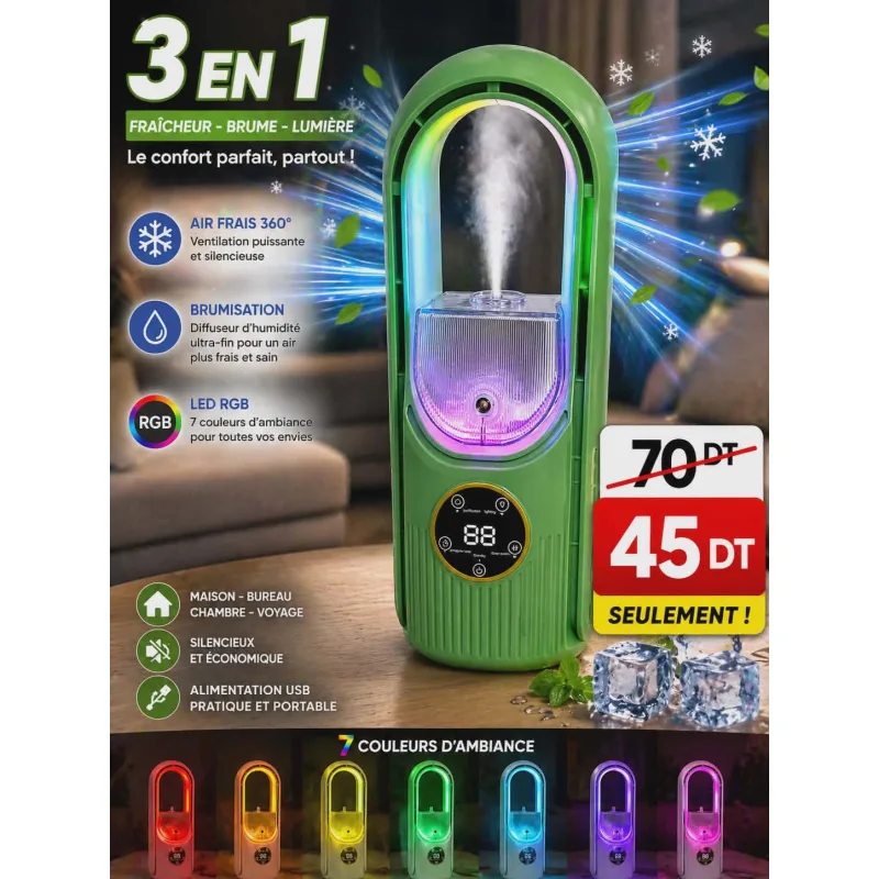 Ventilateur Portable vert  3 en 1 avec Brumisateur & LED  – Ventilation 360° USB | Top Déco Tunisie