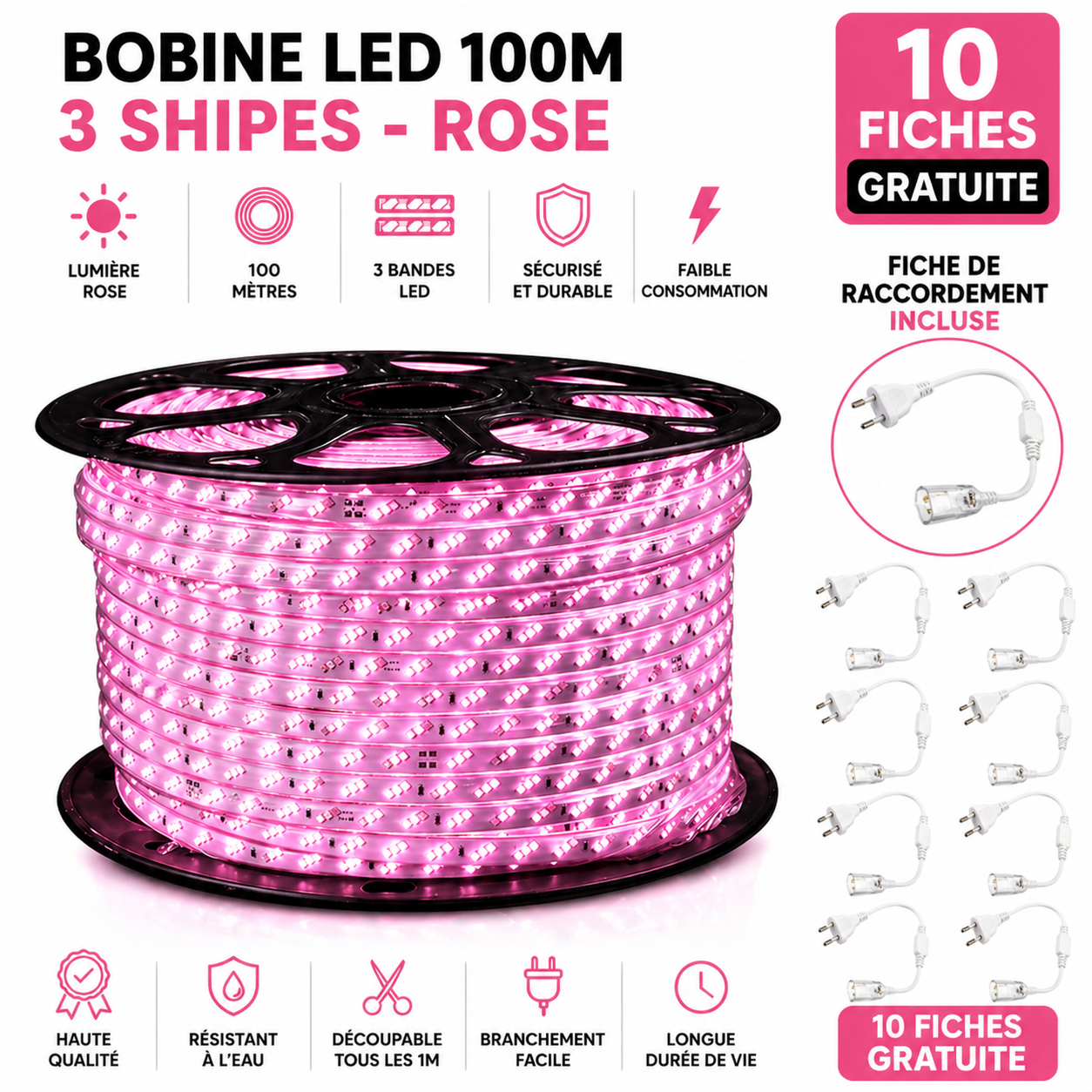Bobine LED 100 mètres – 3 ships - Rose | Top Déco Tunisie