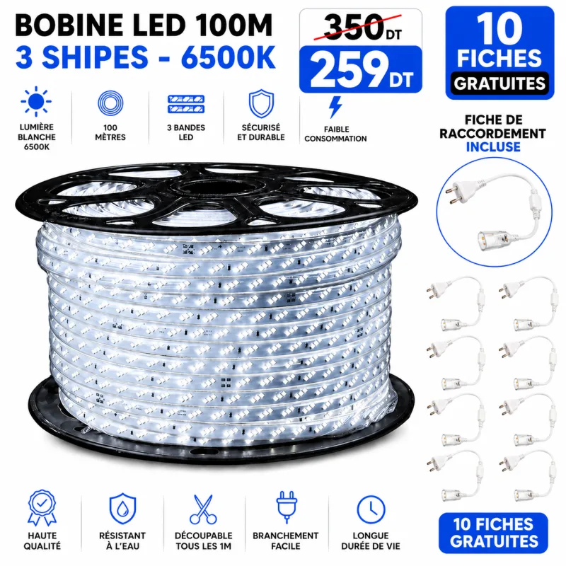 Bobine LED 100 mètres – 3 ships - Blanc 6500k | Top Déco Tunisie