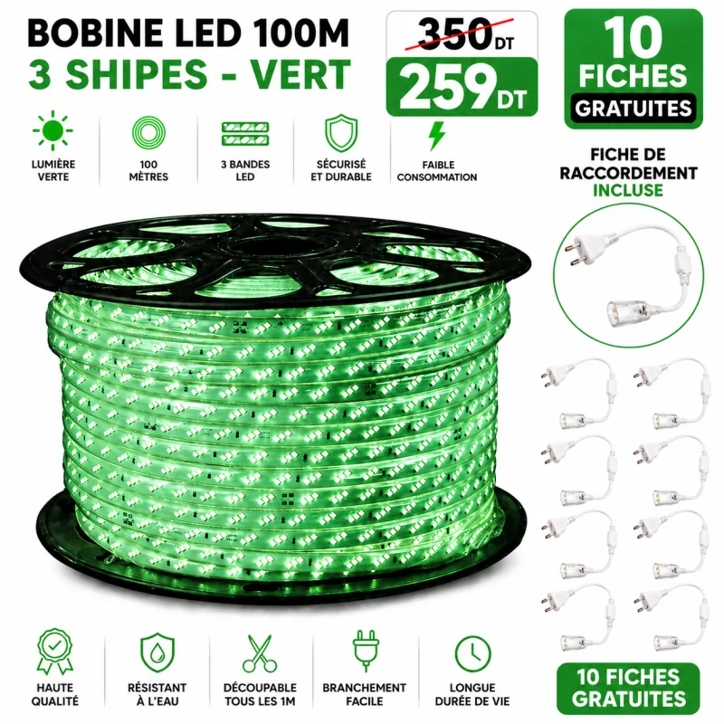 Bobine LED 100 mètres – 3 ships - Vert | Top Déco Tunisie