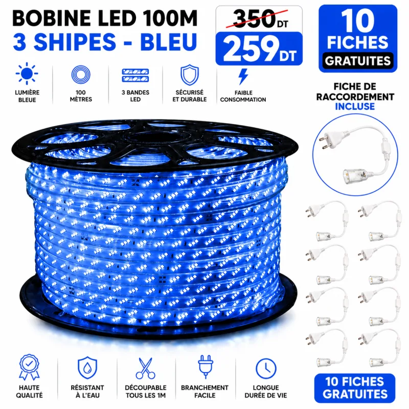 Bobine LED 100 mètres – 3 ships - Bleu | Top Déco Tunisie