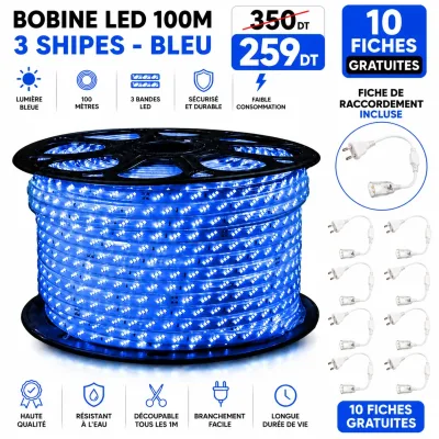 Bobine LED 100 mètres – 3 ships - Bleu | Top Déco Tunisie