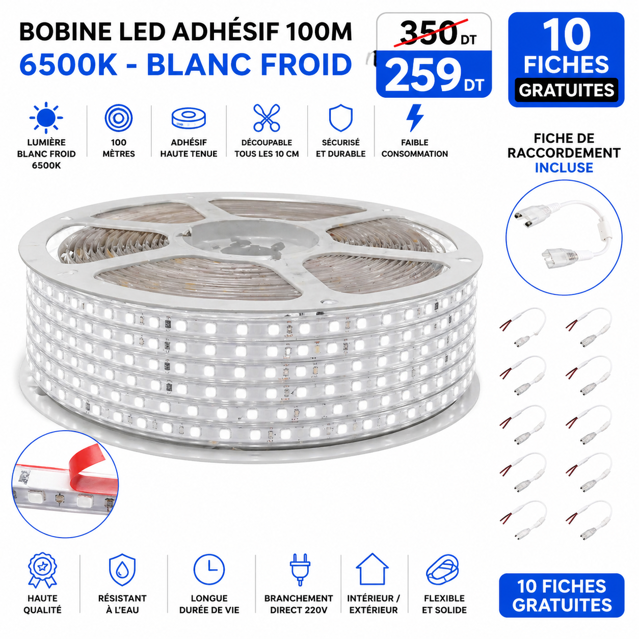 Bobine LED adhésif 100 mètres – 6500K (Blanc froid) | Top Déco Tunisie