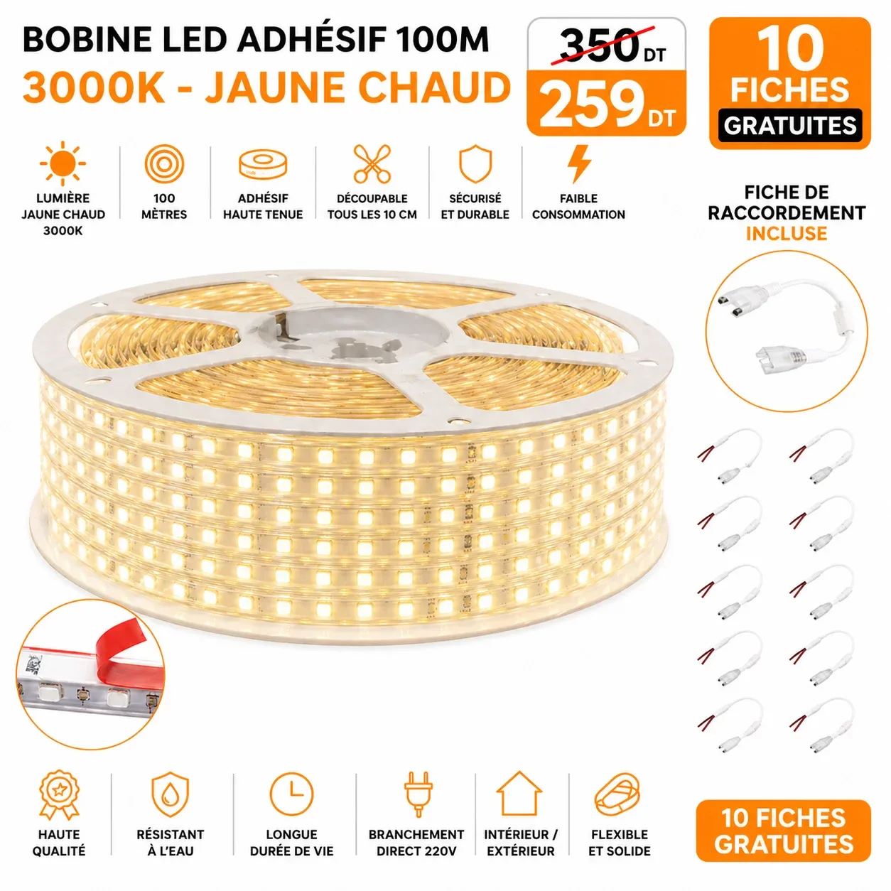 Bobine LED adhésif 100 mètres – 3000K (Jaune chaud) | Top Déco Tunisie