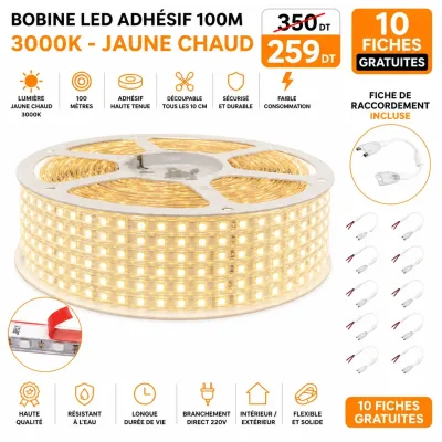 Bobine LED adhésif 100 mètres – 3000K (Jaune chaud) | Top Déco Tunisie