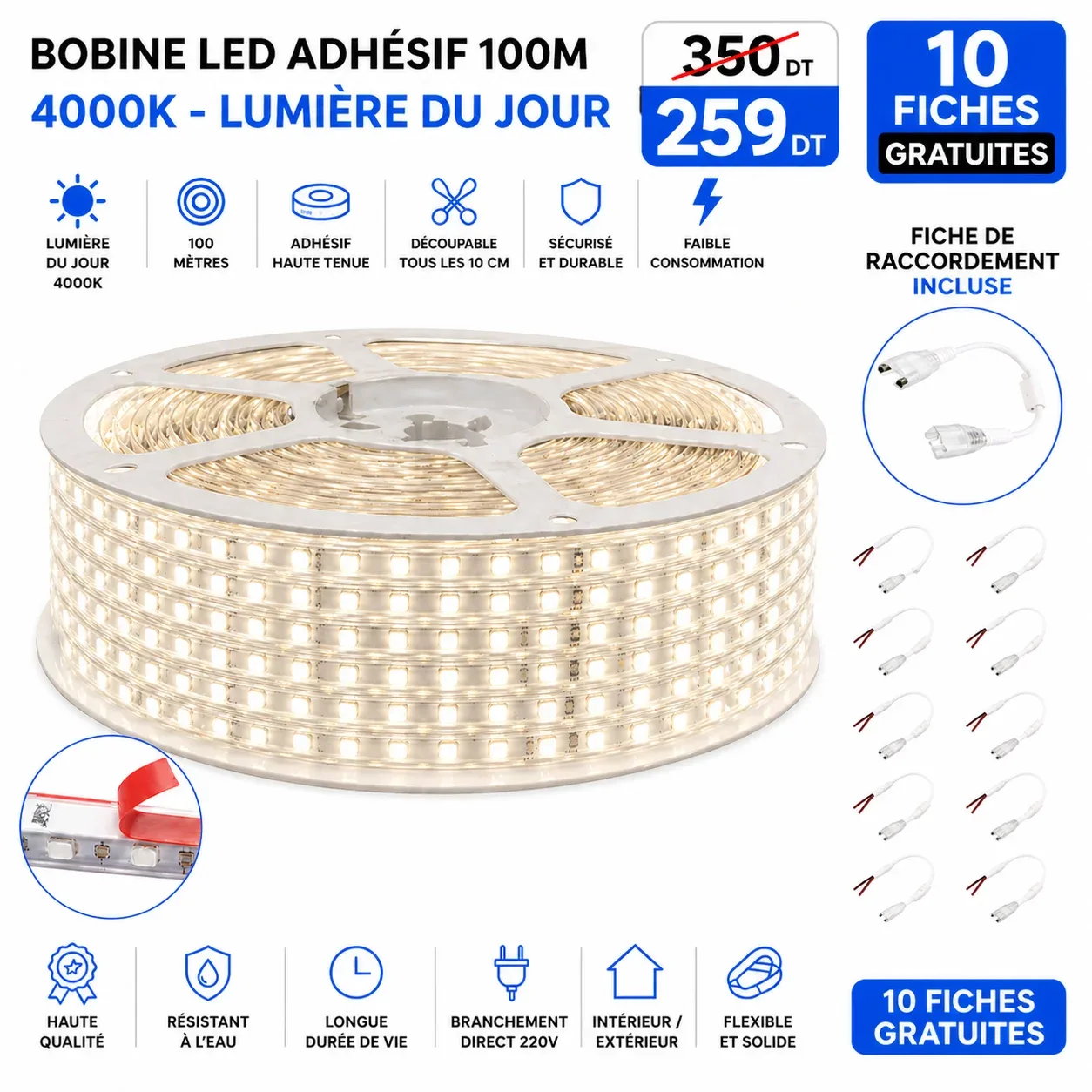 Bobine LED adhésif 100 mètres – 4000K (Lumière du jour) | Top Déco Tunisie