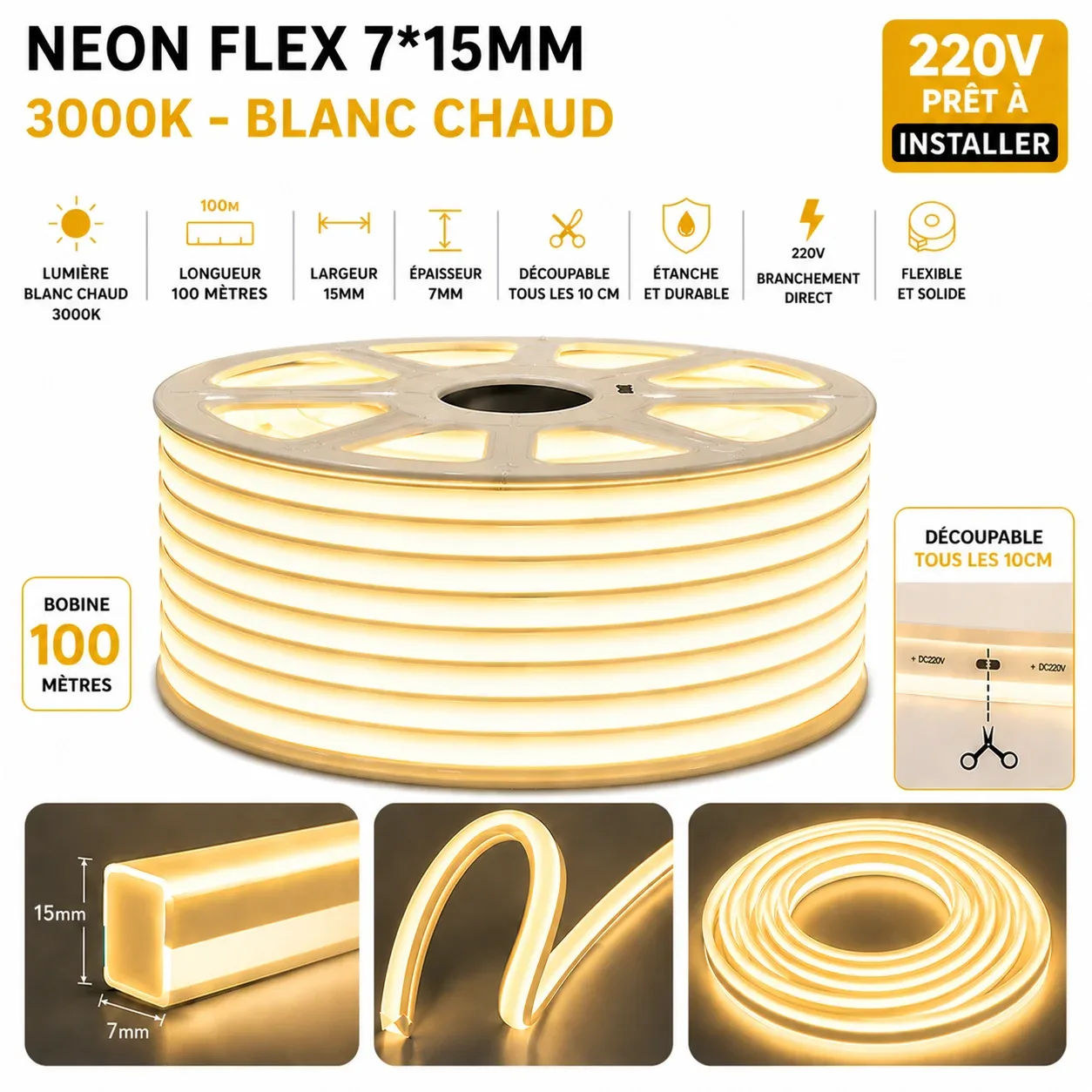 Néon Flex LED 7×15mm – 100 mètres – 3000K (Jaune chaud)