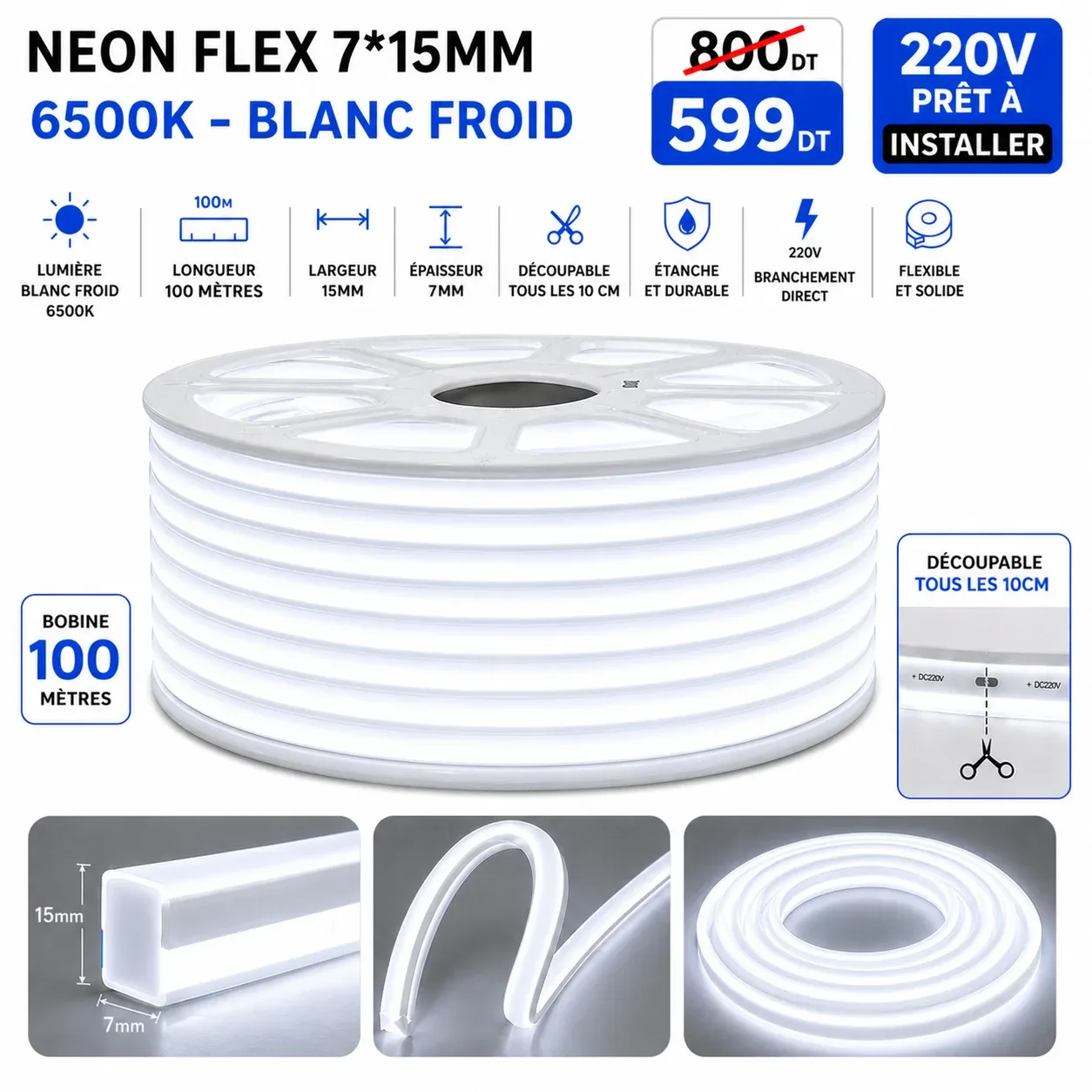 Néon Flex LED 7×15mm – 100 mètres – 6500K (Blanc froid) | Top Déco Tunisie