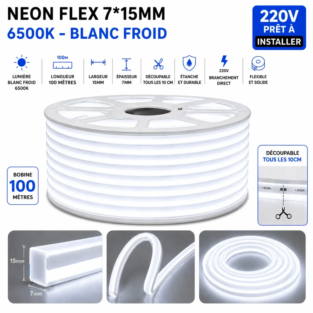 Néon Flex LED 7×15mm – 100 mètres – 6500K (Blanc froid)