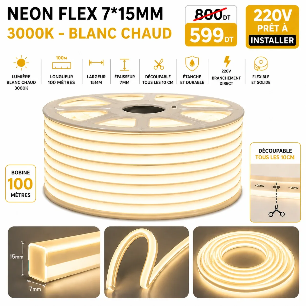 Néon Flex LED 10×10mm – 100 mètres – 3000K (Jaune chaud) | Top Déco Tunisie