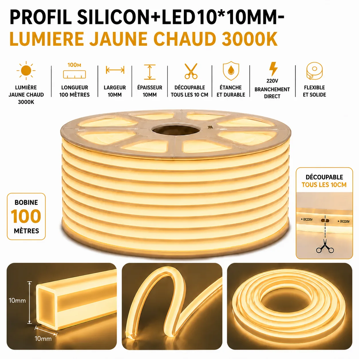 Bobine LED Silicon – 100 mètres –10*10MM-LUMIERE JAUNE CHAUD 3000K