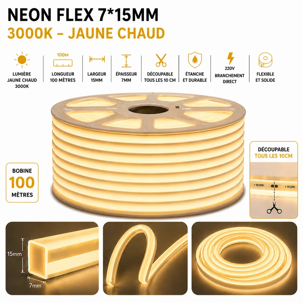 Néon Flex LED 10×10mm – 100 mètres – 3000K (Jaune chaud)