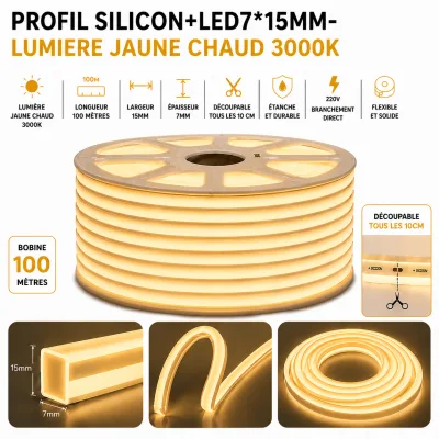 PROFIL SILICON+LED7*15MM-LUMIERE JAUNE CHAUD 3000K | Top Déco Tunisie