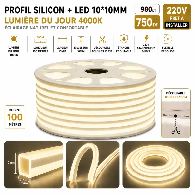 Néon Flex LED 10×10mm – 100 mètres – 4000K (Lumière du jour) | Top Déco Tunisie