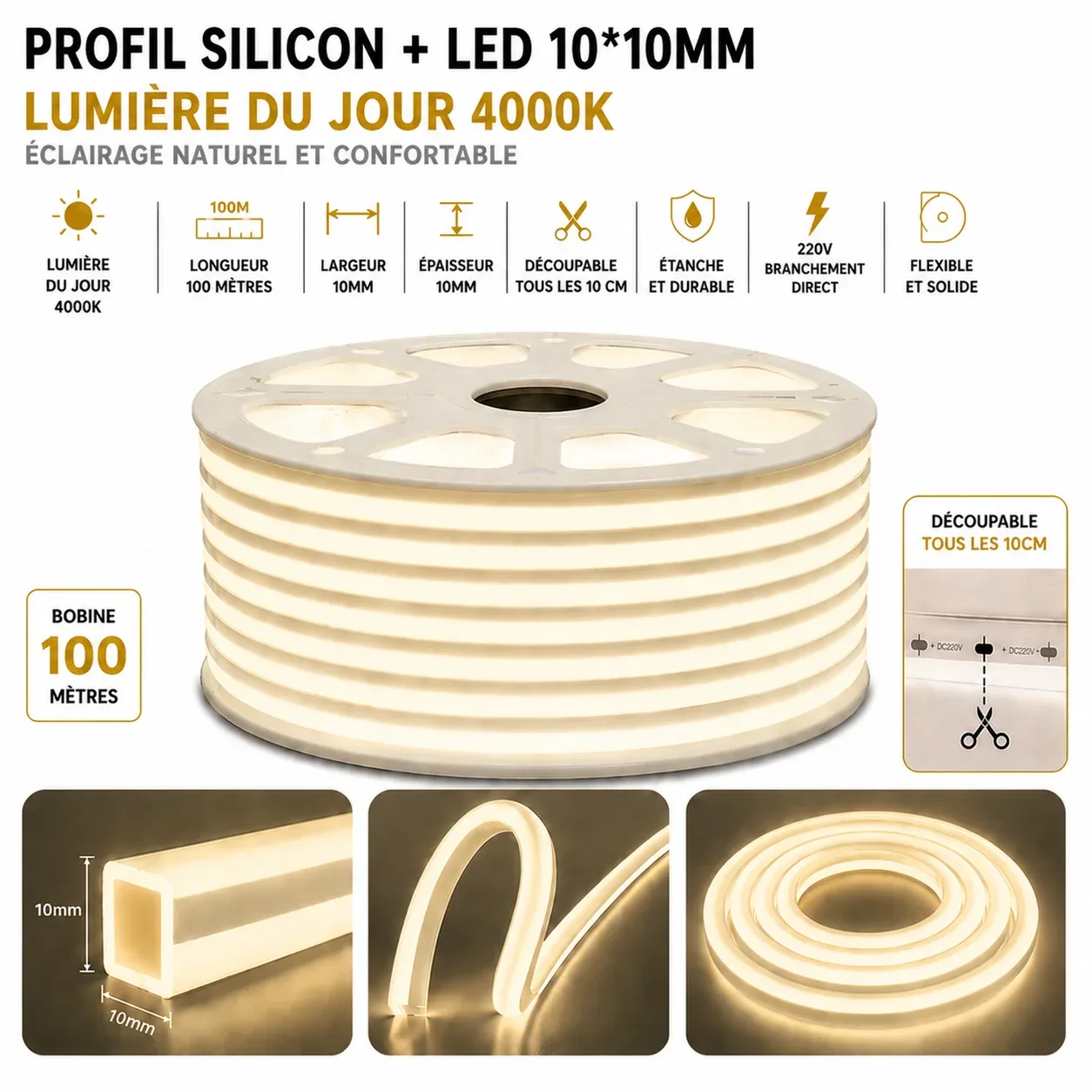 Néon Flex LED 10×10mm – 100 mètres – 4000K (Lumière du jour)