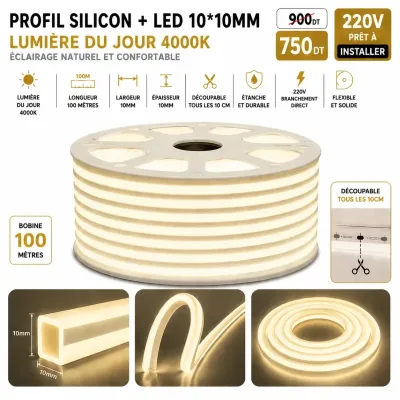 Néon Flex LED 10×10mm – 100 mètres – 4000K (Lumière du jour) | Top Déco Tunisie