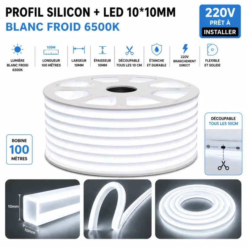 Néon Flex LED 10×10mm – 100 mètres – 6500K (Blanc froid)