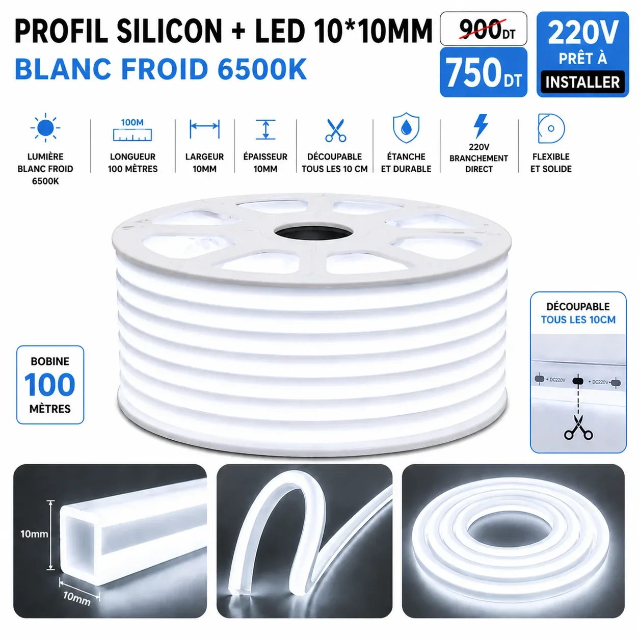 Néon Flex LED 10×10mm – 100 mètres – 6500K (Blanc froid) | Top Déco Tunisie