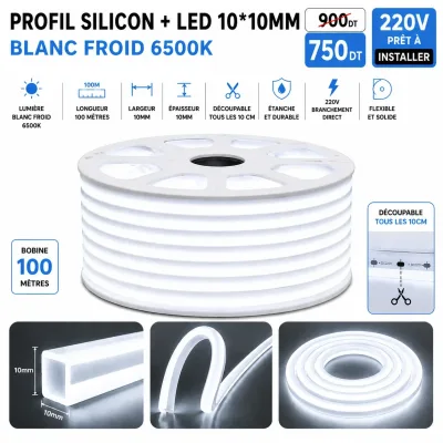 Néon Flex LED 10×10mm – 100 mètres – 6500K (Blanc froid) | Top Déco Tunisie