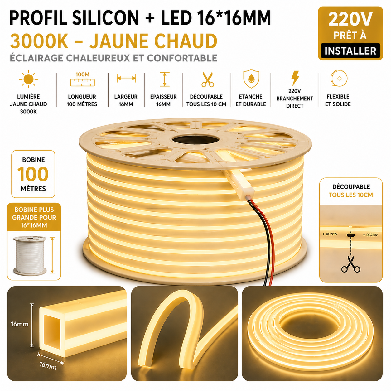 Néon Flex LED 16×16mm – 100 mètres – 3000K