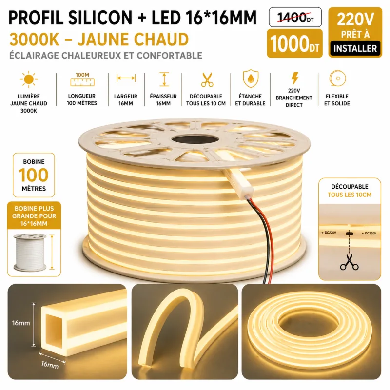 Néon Flex LED 16×16mm – 100 mètres – 3000K | Top Déco Tunisie