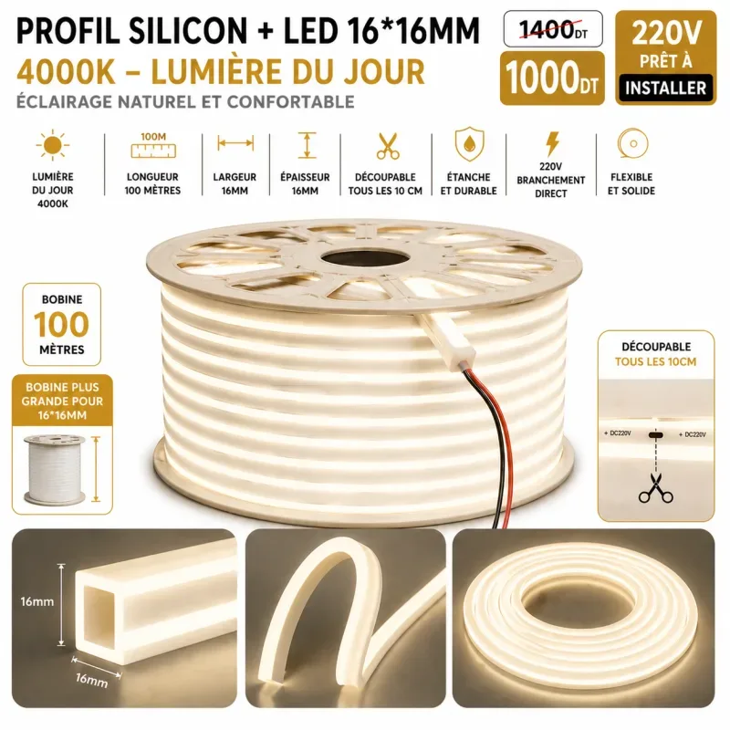 Néon Flex LED 16×16mm – 100 mètres – 4000K | Top Déco Tunisie