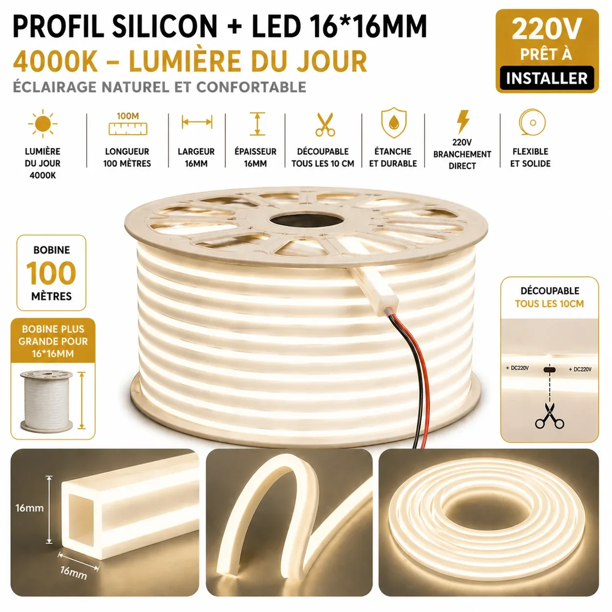 Néon Flex LED 16×16mm – 100 mètres – 4000K
