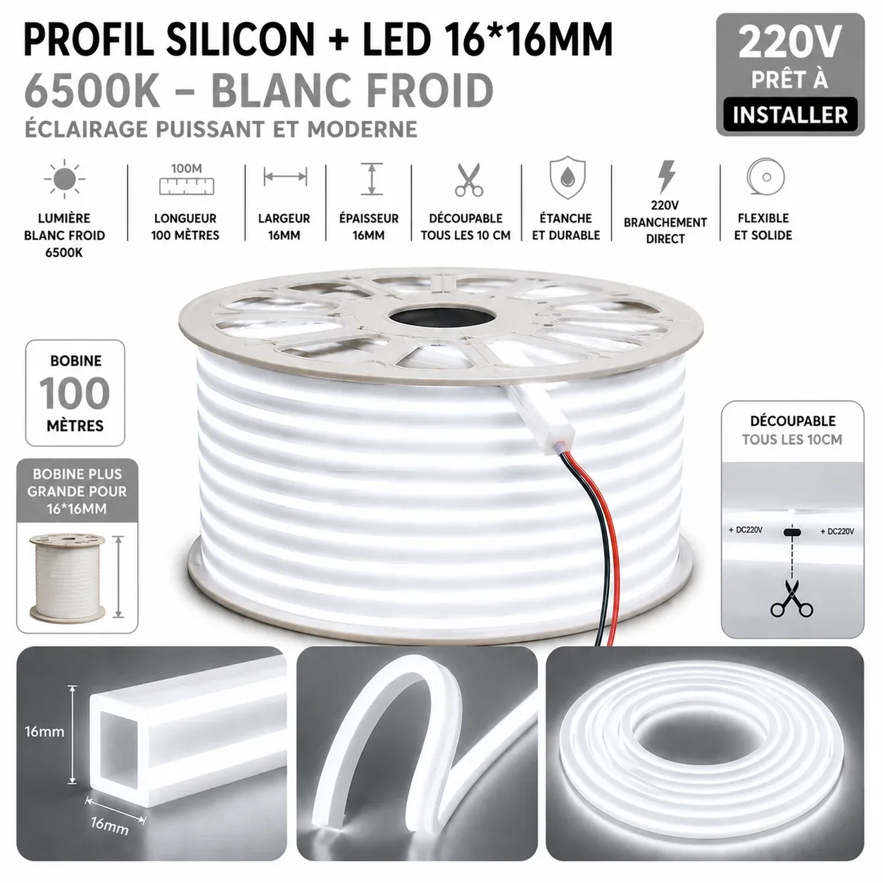 Néon Flex LED 16×16mm – 100 mètres – 6500K