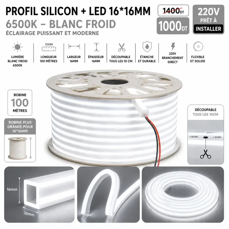 Néon Flex LED 16×16mm – 100 mètres – 6500K | Top Déco Tunisie