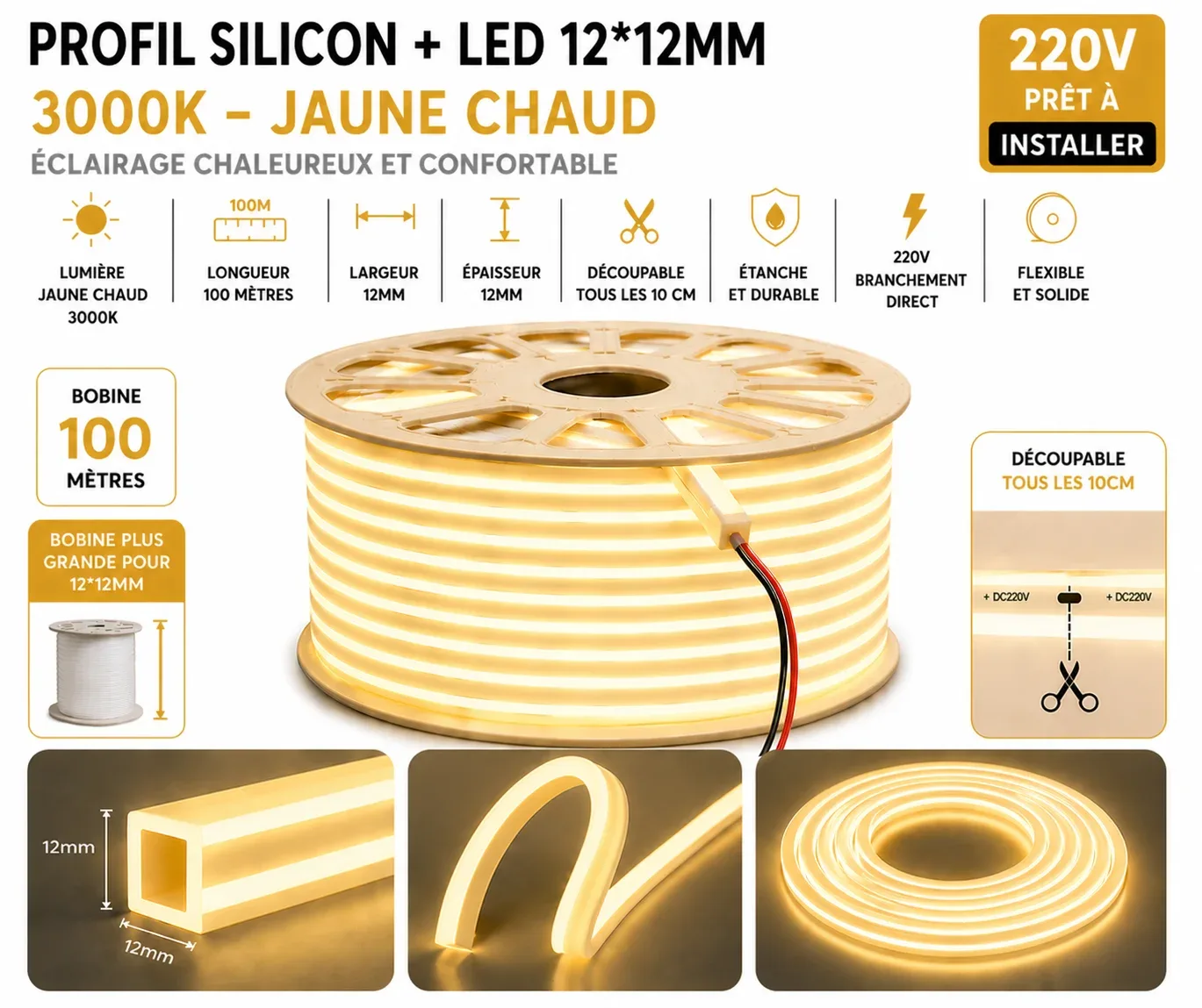 Néon Flex LED 12×12mm – 100 mètres – 3000K