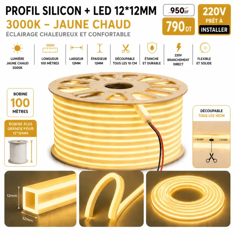 Néon Flex LED 12×12mm – 100 mètres – 3000K | Top Déco Tunisie
