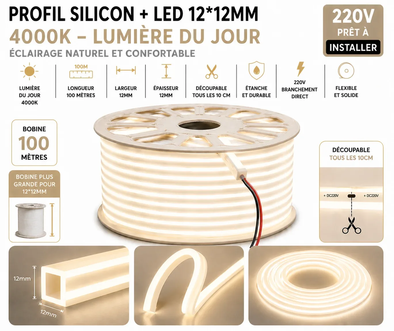 Néon Flex LED 12×12mm – 100 mètres – 4000K