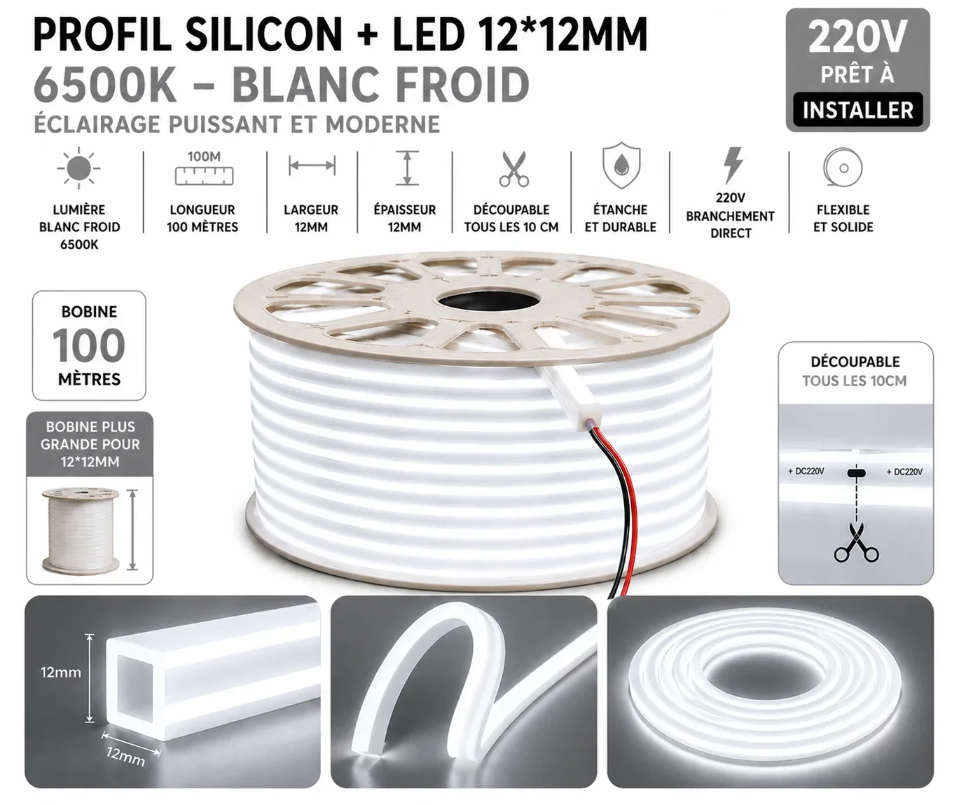 Néon Flex LED 12×12mm – 100 mètres – 6500K