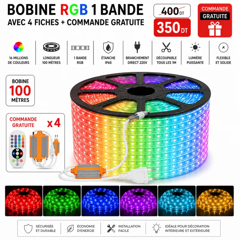 Bobine LED RGB 100m – 1 bande + 4 fiches & commandes gratuites | Top Déco Tunisie