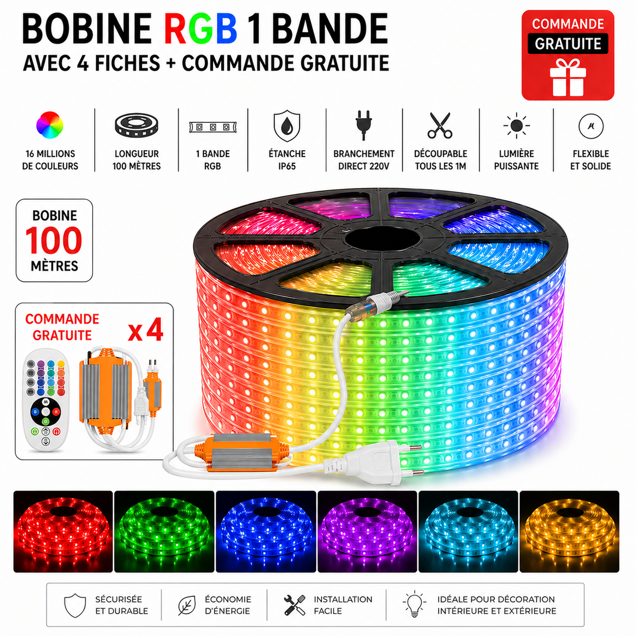 Bobine LED RGB 100m – 1 bande + 4 fiches & commandes gratuites