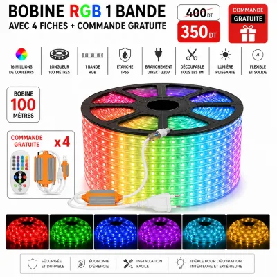 Bobine LED RGB 100m – 1 bande + 4 fiches & commandes gratuites | Top Déco Tunisie