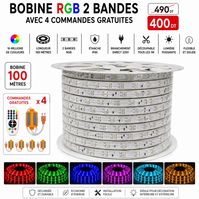 Bobine LED RGB 100m – 2 bandes + 4 fiches & commandes gratuites | Top Déco Tunisie