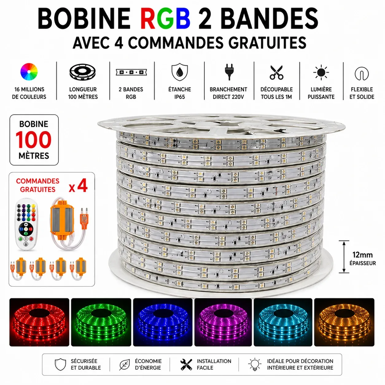 Bobine LED RGB 100m – 2 bandes + 4 fiches & commandes gratuites