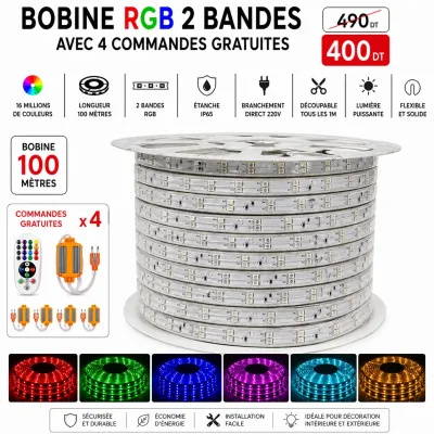 Bobine LED RGB 100m – 2 bandes + 4 fiches & commandes gratuites | Top Déco Tunisie