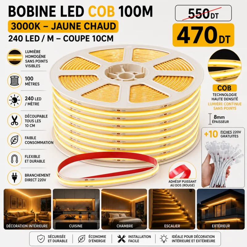 Bobine LED COB 100m lumière continue 3000K jaune – 220V adhésif | Top Déco Tunisie