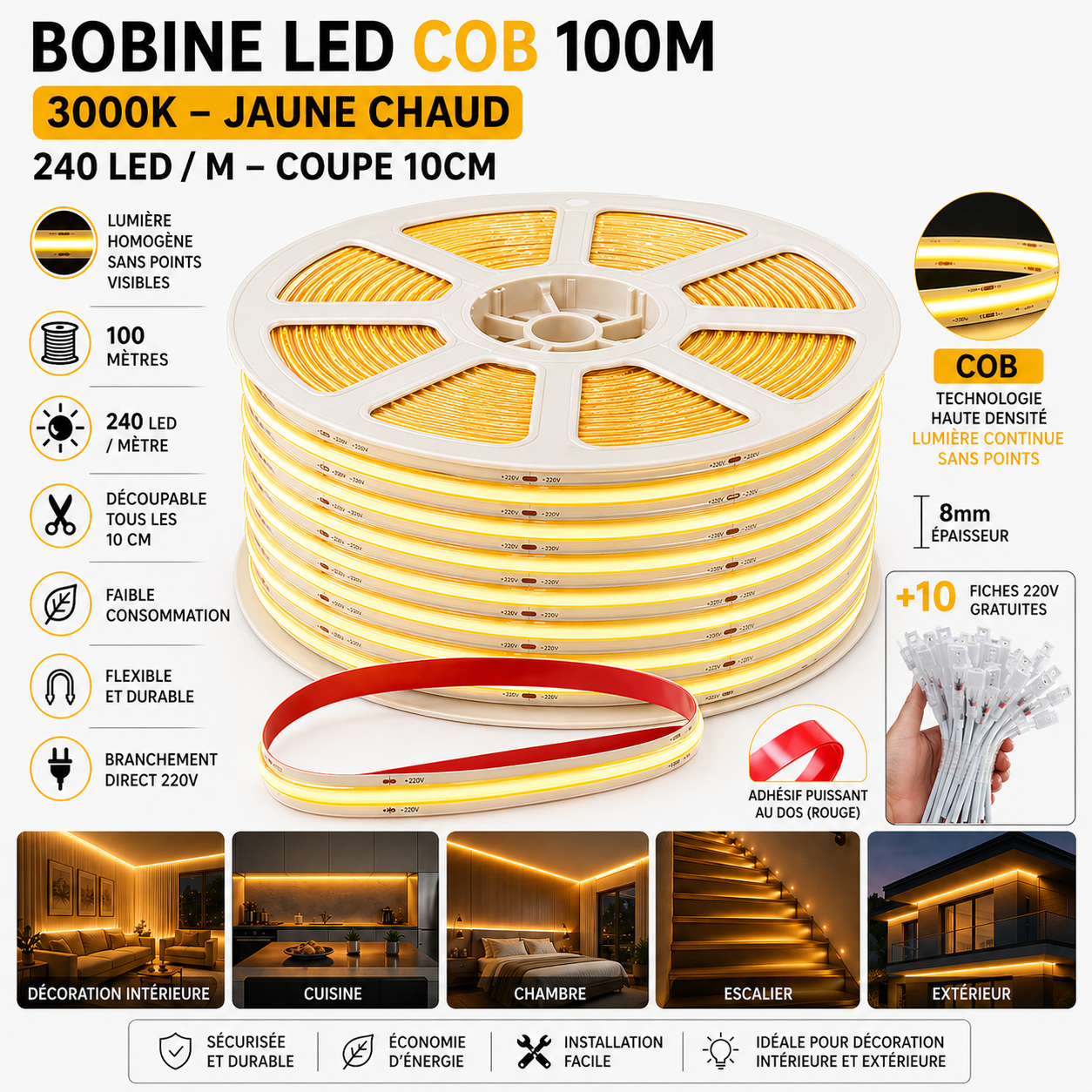 Bobine LED COB 100m lumière continue 3000K jaune – 220V adhésif
