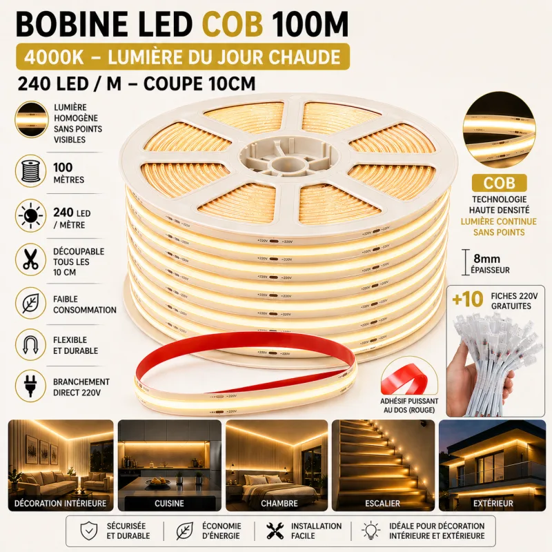 Bobine LED COB 100m sans points 4000K lumière du jour – 220V | Top Déco Tunisie