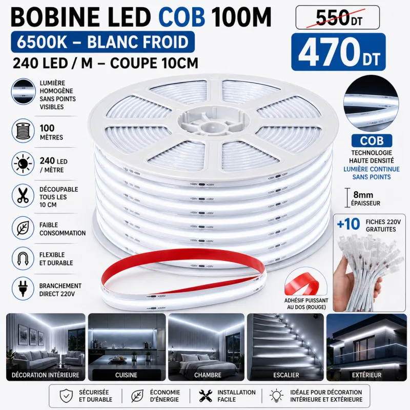 Bobine LED COB 100m ultra lumineux 6500K blanc – adhésif 220V | Top Déco Tunisie