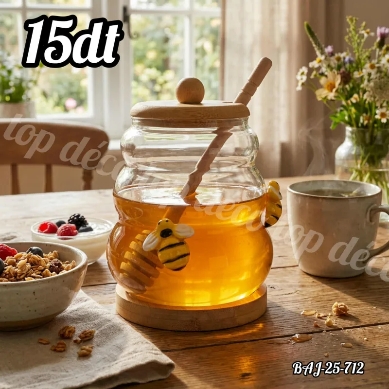 Boite miel en verre avec cuillère en bois | Top Déco Tunisie