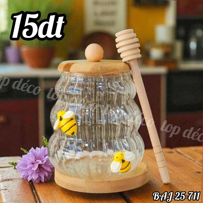 Boite miel en verre avec cuillère en bois | Top Déco Tunisie
