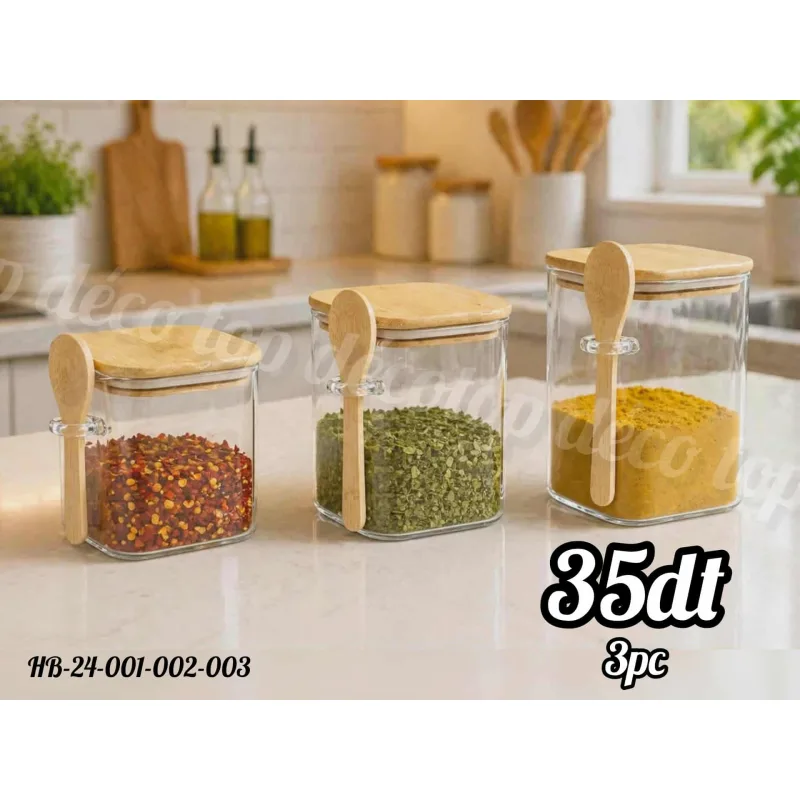 Set de Boîtes de Conservation Carrées en Verre avec Couvercle & Cuillère en Bois – 3 Pièces | Top Déco Tunisie
