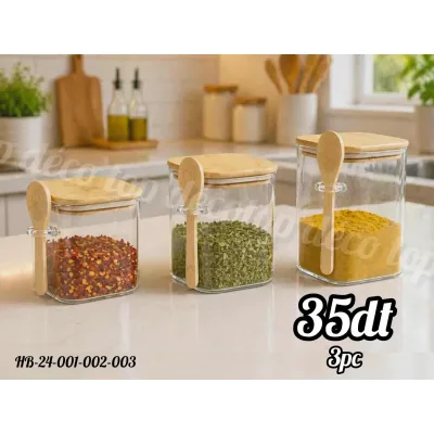 Set de Boîtes de Conservation Carrées en Verre avec Couvercle & Cuillère en Bois – 3 Pièces | Top Déco Tunisie