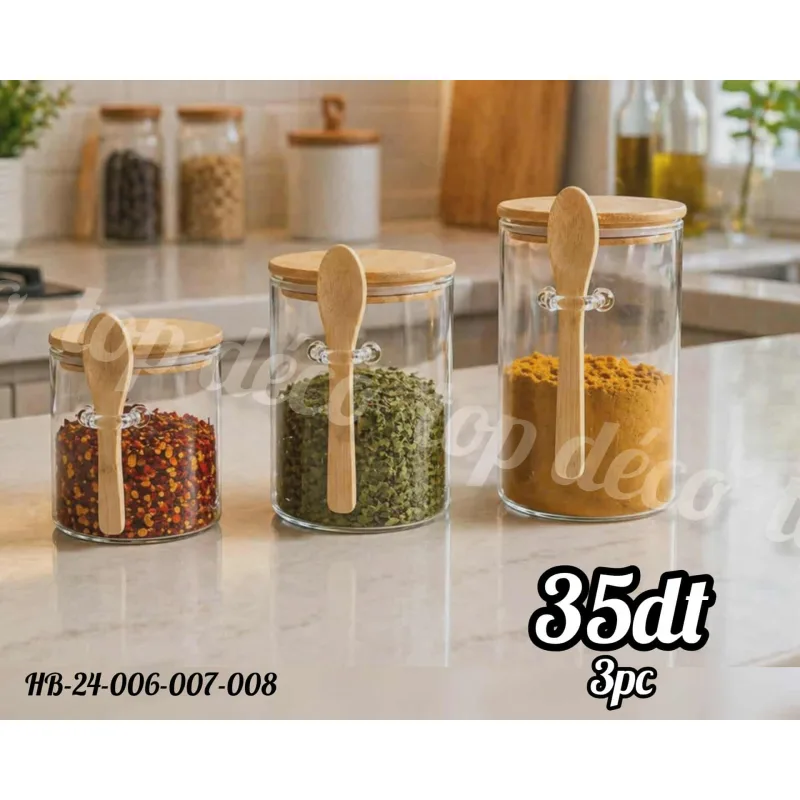 Set de Boîtes de Conservation Rondes en Verre avec Couvercle & Cuillère en Bois – 3 Pièces | Top Déco Tunisie